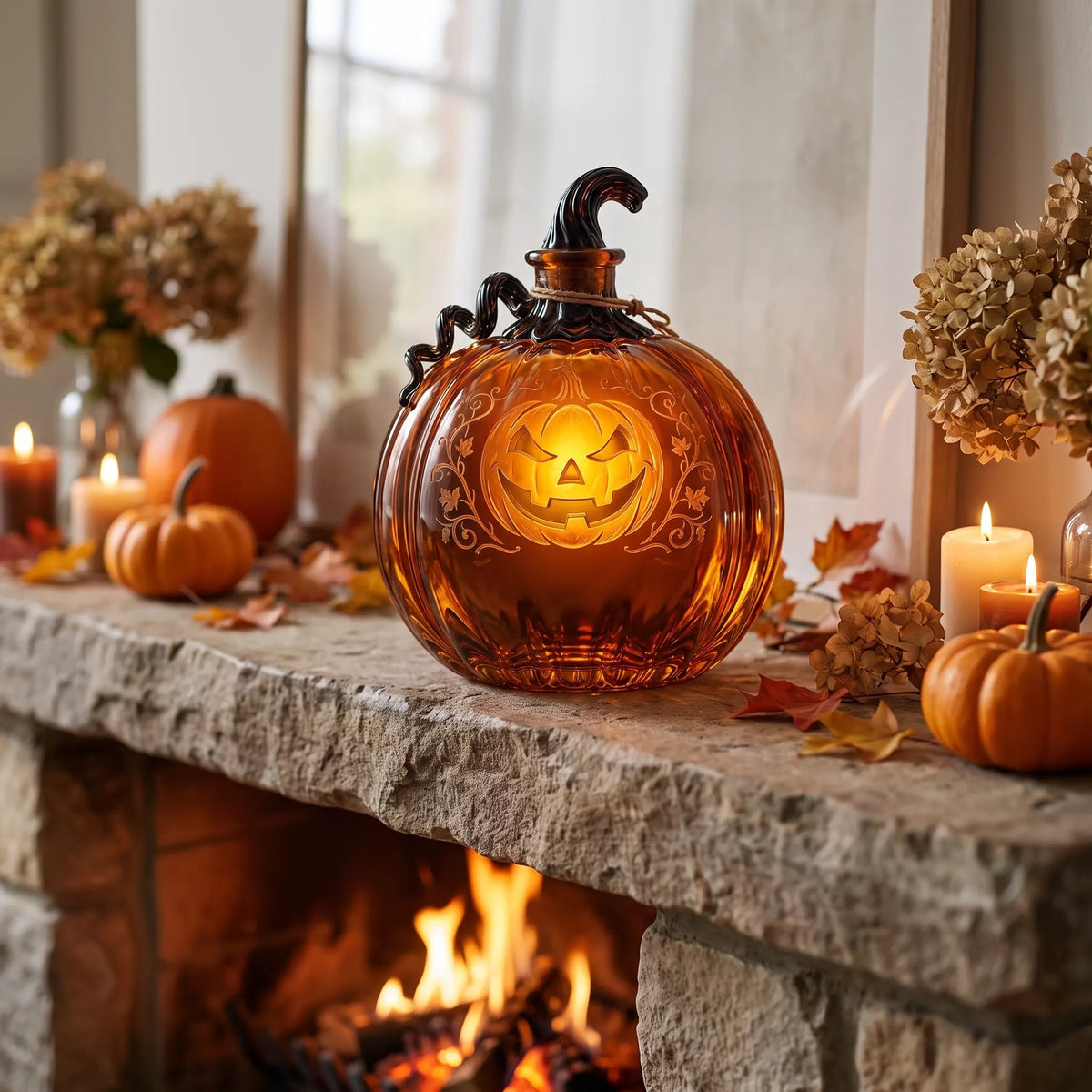 Pumpkin Lantern Whiskey Decanter on a home bar beside two whiskey glasses