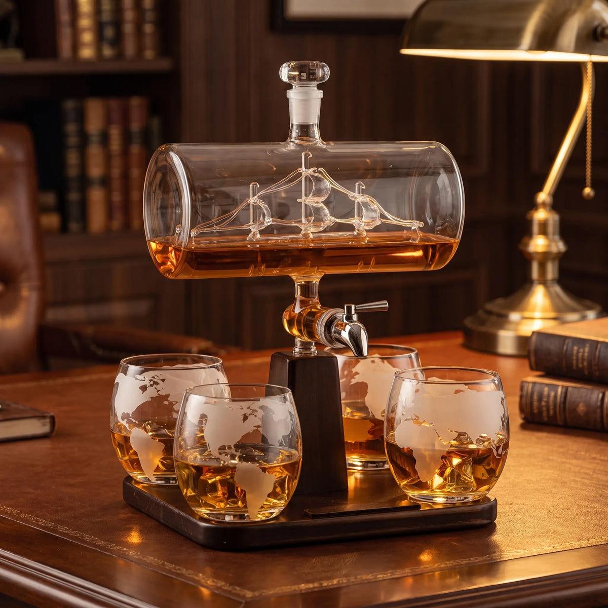 Ship Decanter Set on a home bar beside two whiskey glasses