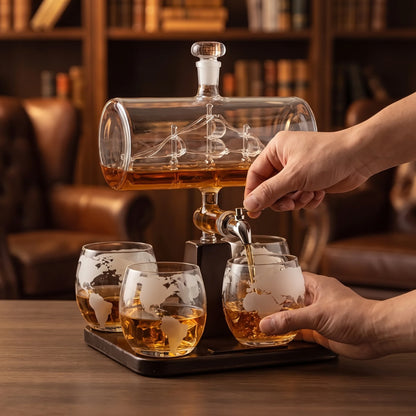 Ship Decanter Set beside an open gift box