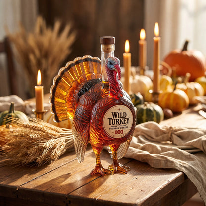 Turkey Whiskey Decanter on a home bar beside two whiskey glasses