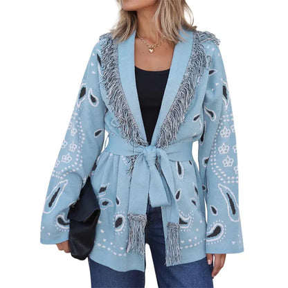 Cicy Bell sohochic Womens Cardigan Sweater Long Sleeve Fringe V Neck Printed Open Front Boho Patchwork Bleted Knit Coats