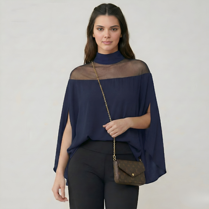 Mesh Yoke Batwing Sleeve Loose Fit Top For Women