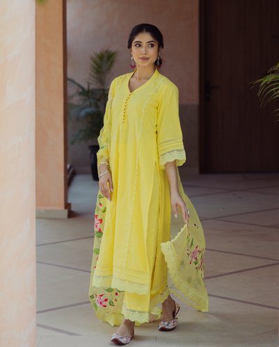 Chitriya Yellow Handpainted Chanderi Suit Set