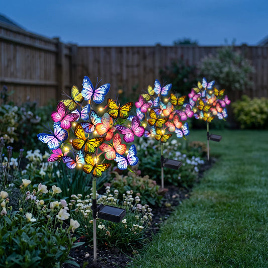 Solar butterfly garden stake lights glowing at dusk along a flower bed