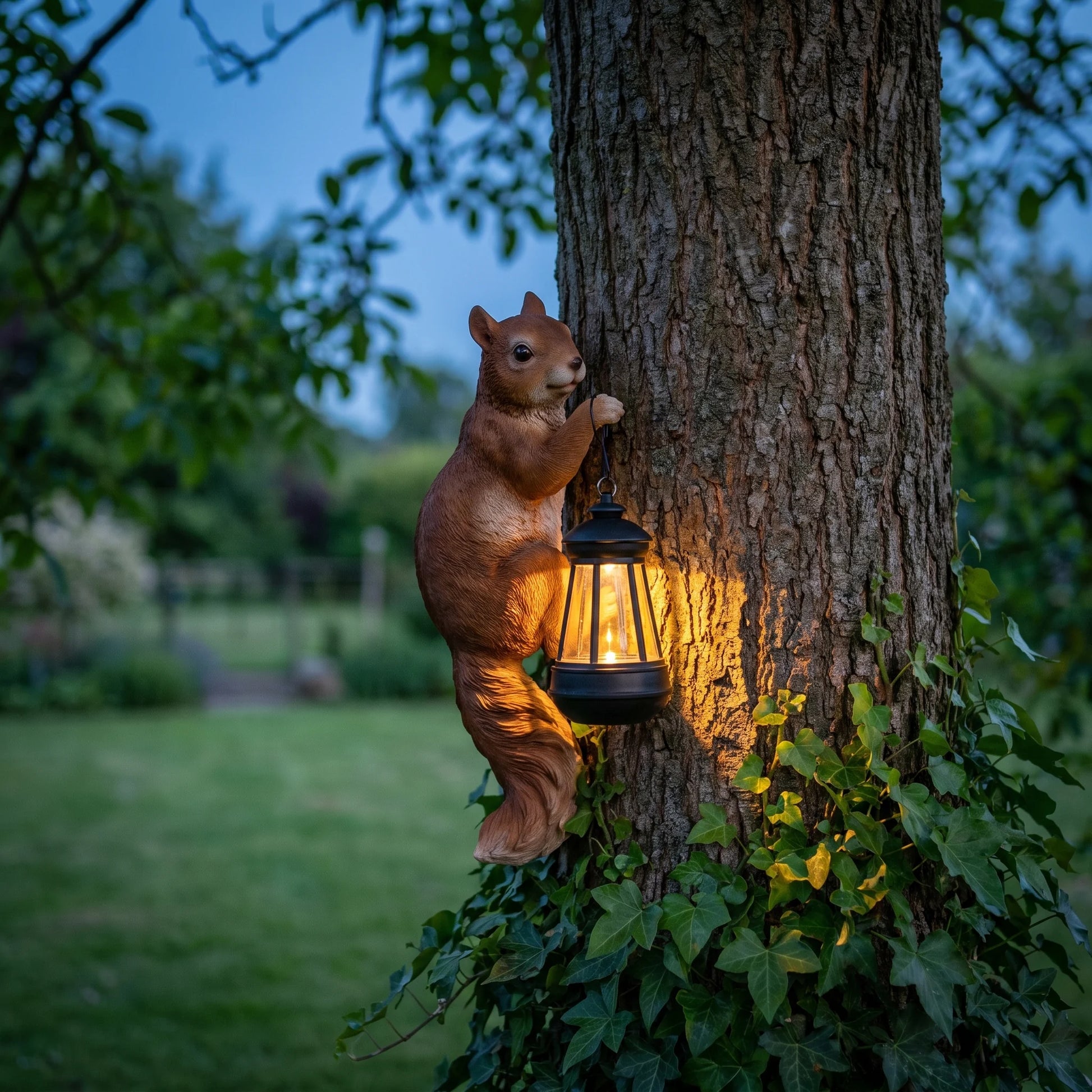 Solyra hand-painted solar squirrel lantern mounted on a tree, glowing at dusk