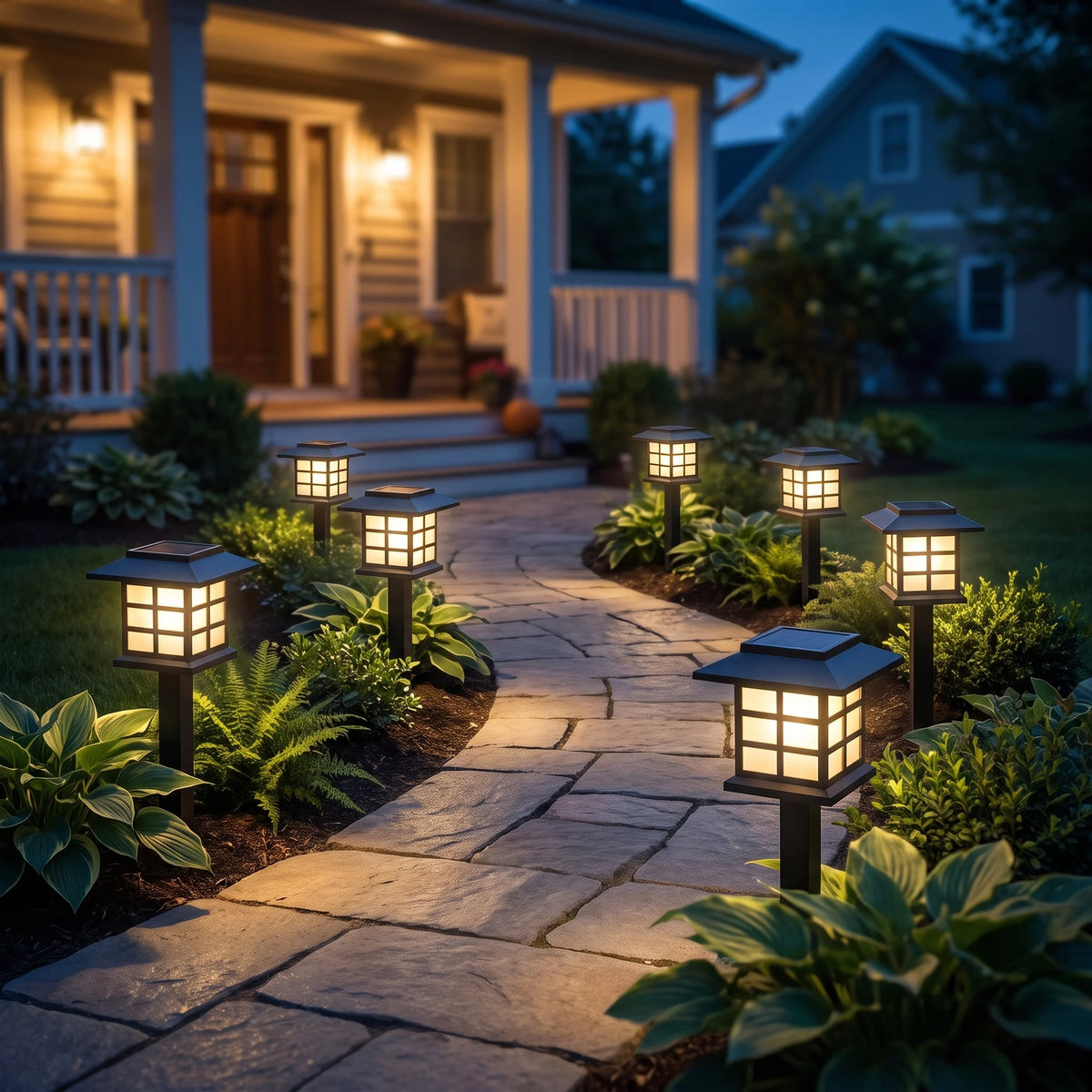Warm-white solar lantern path lights lining a stone paver walkway at dusk