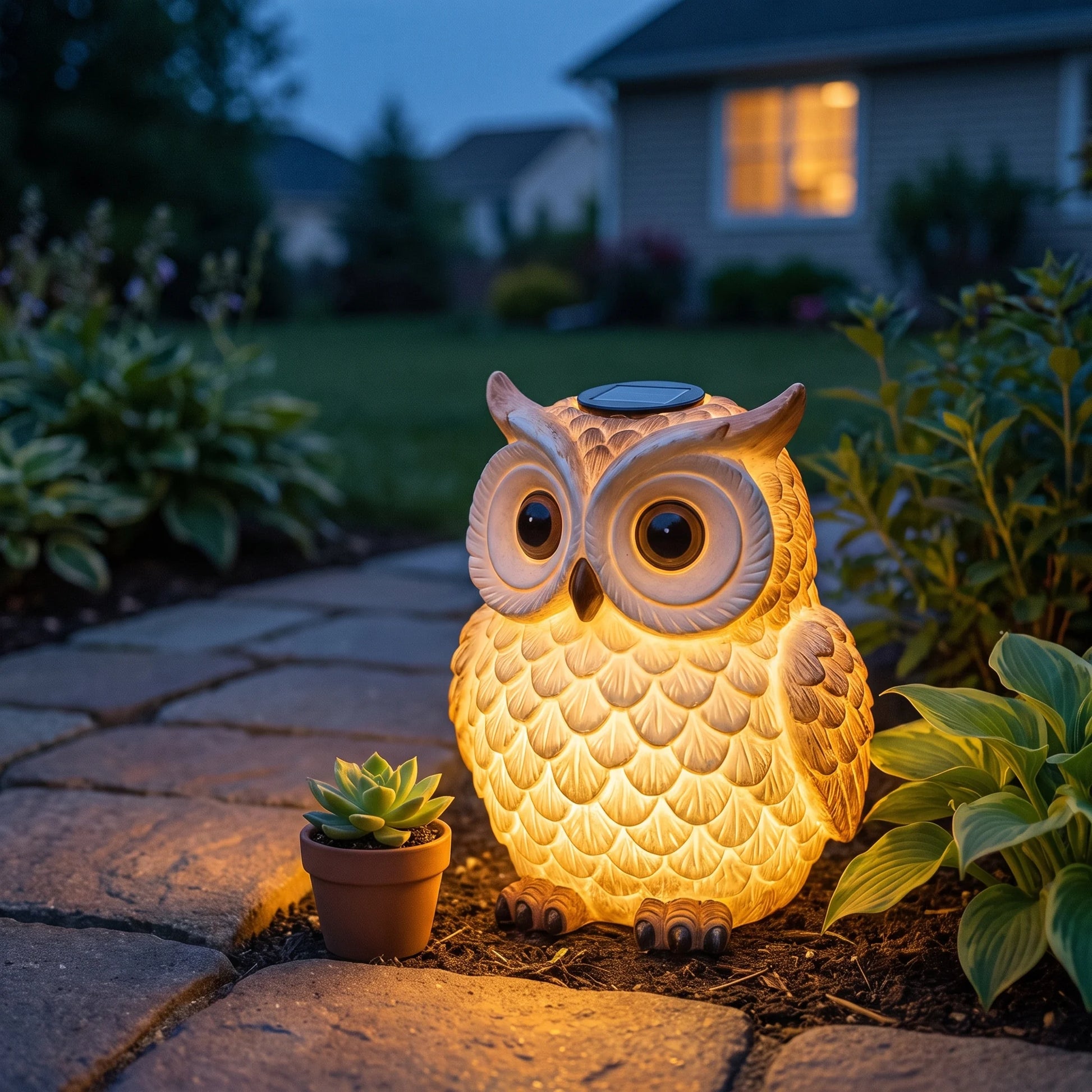 Solyra solar owl light glowing warm amber along a stone garden border at dusk