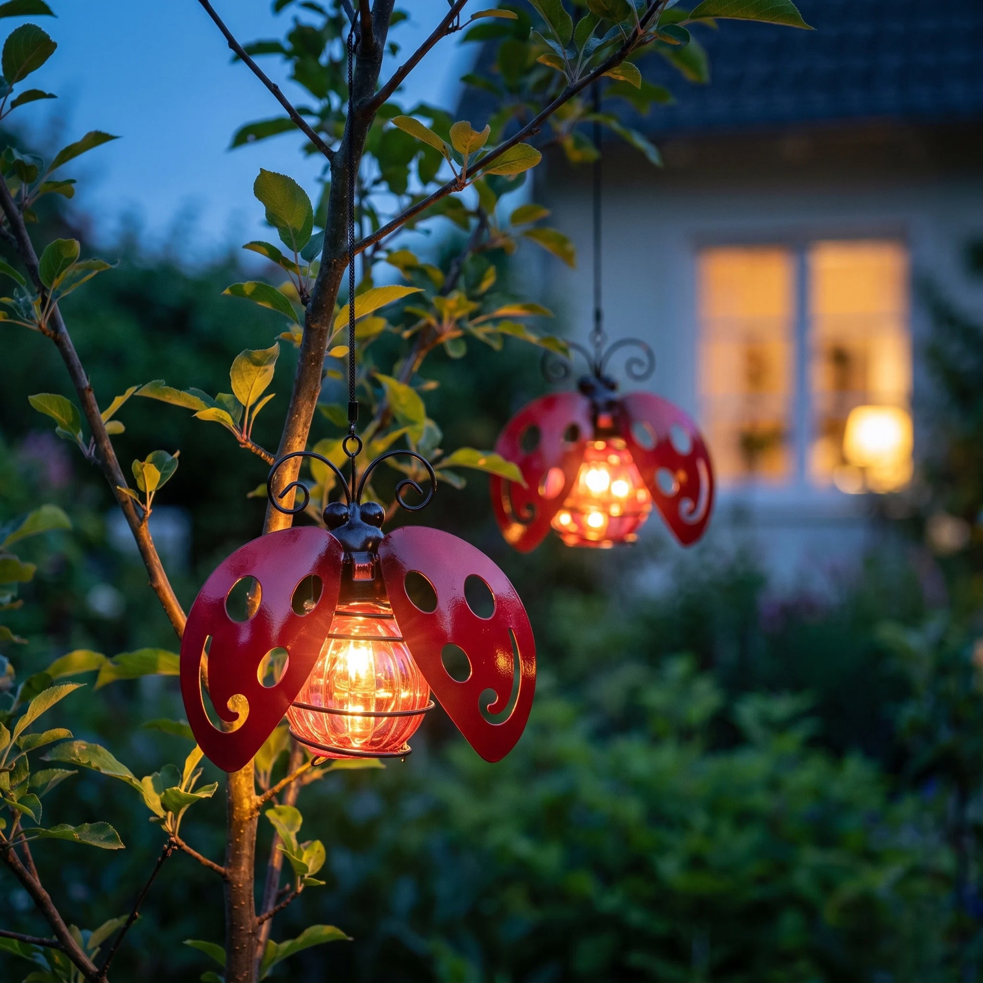 Solyra red solar ladybug light with ribbed glass lantern glowing in a garden border at dusk