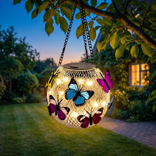 Woven metal globe lantern glowing at dusk