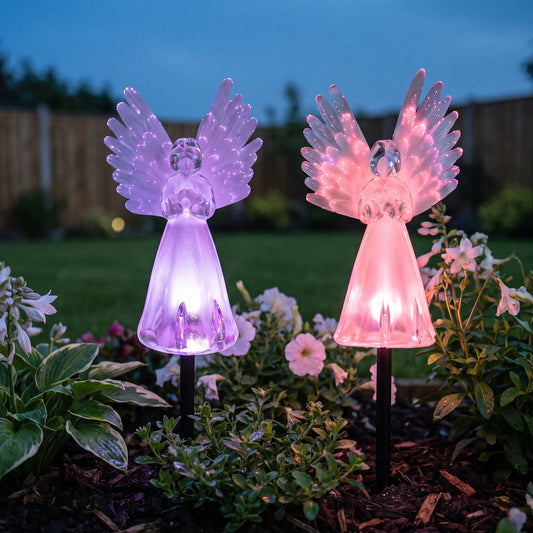 Angel stakes glowing softly at dusk