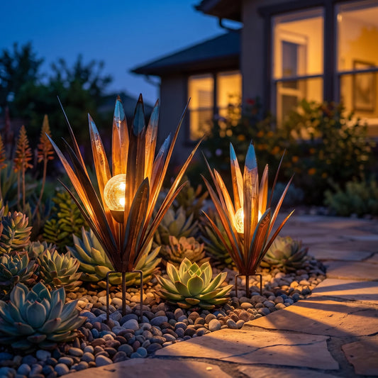 Metal agave solar lights glowing warm amber at dusk in a gravel garden bed