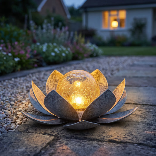 Pewter lotus glowing amber at dusk on a garden path