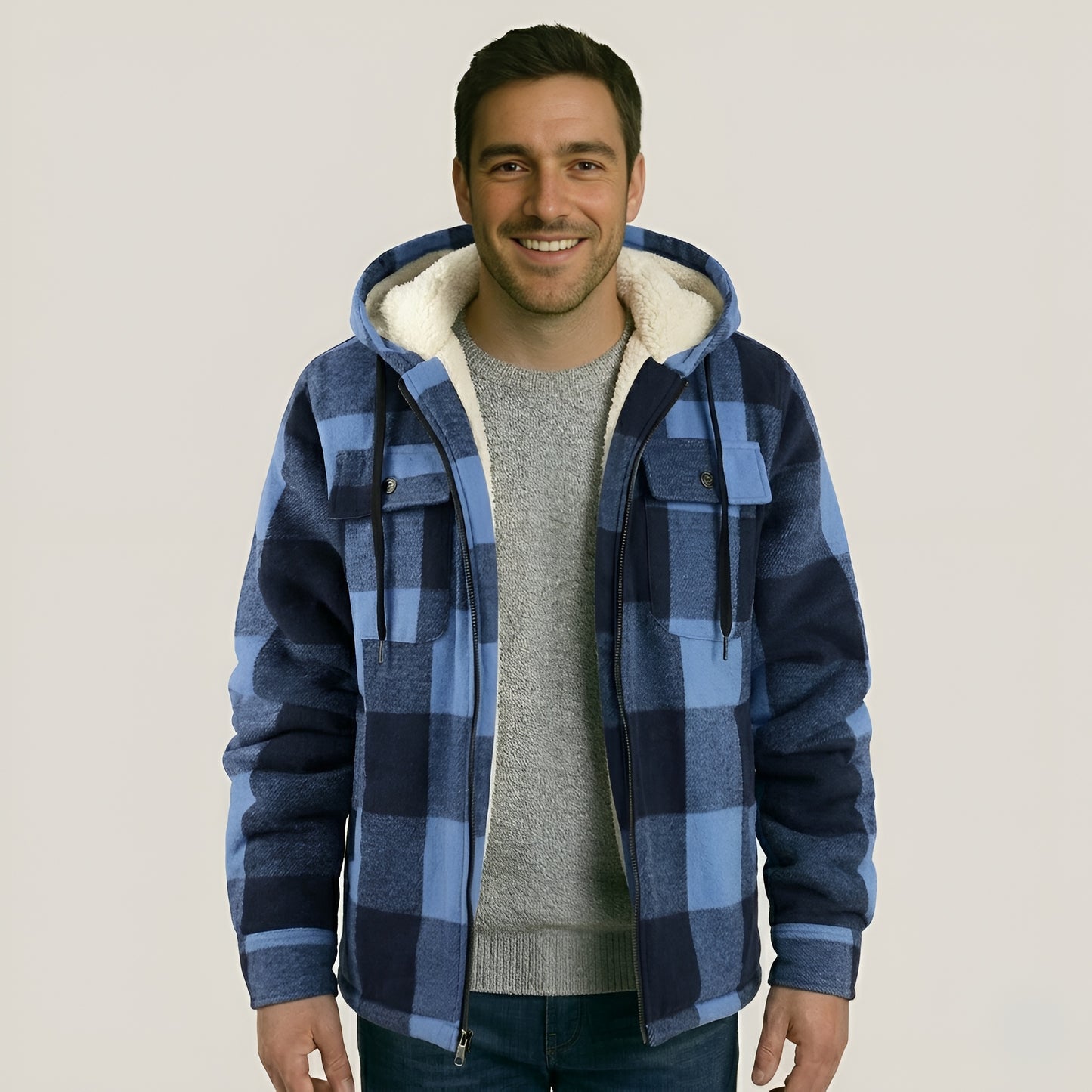 Sherpa Lined Plaid Flannel Zip Hoodie Jacket