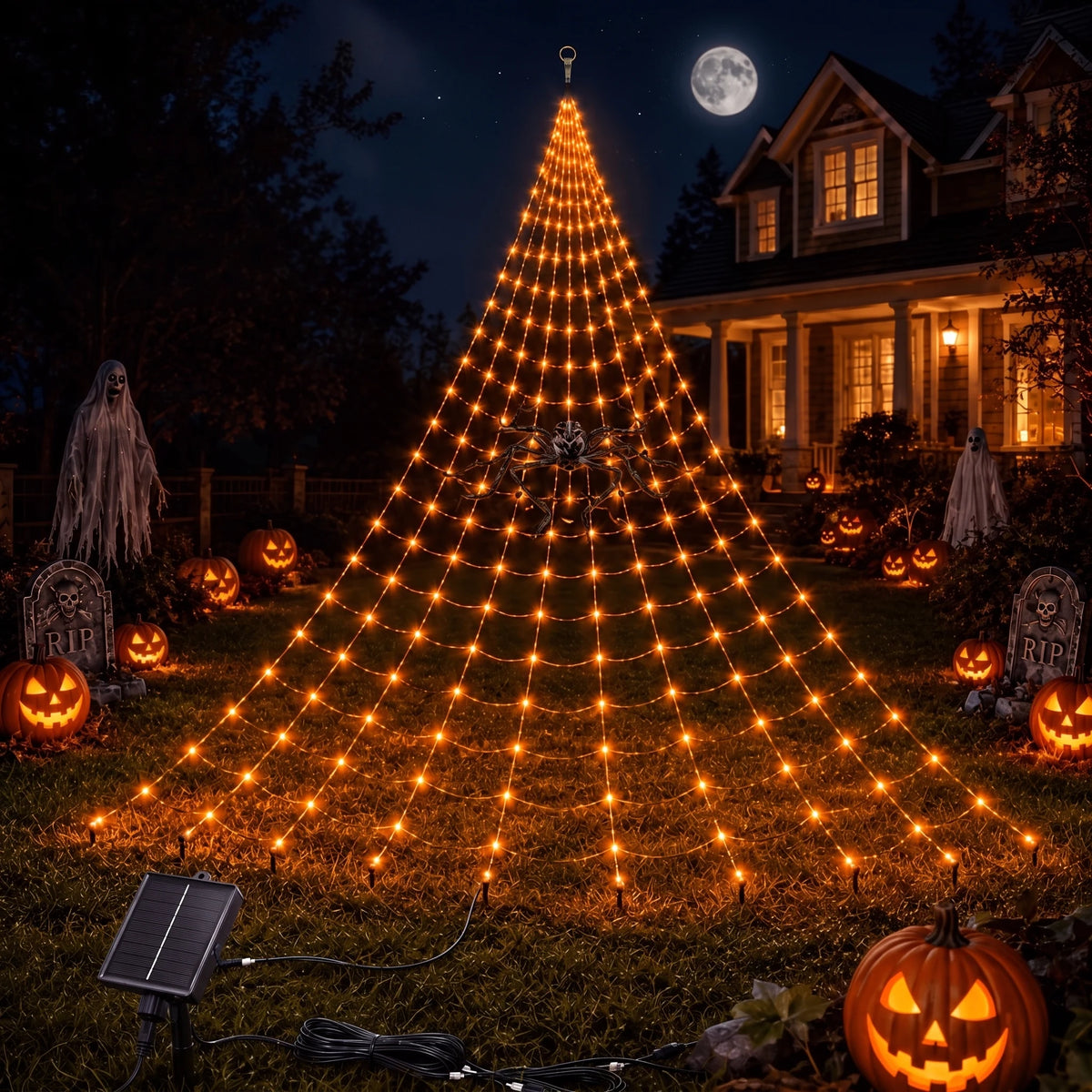 Warm orange solar spider web light on a house front at night with a full moon and lit jack-o-lanterns