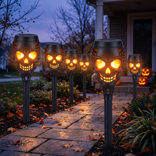 Solyra solar skull torch lights flickering along a Halloween walkway at dusk