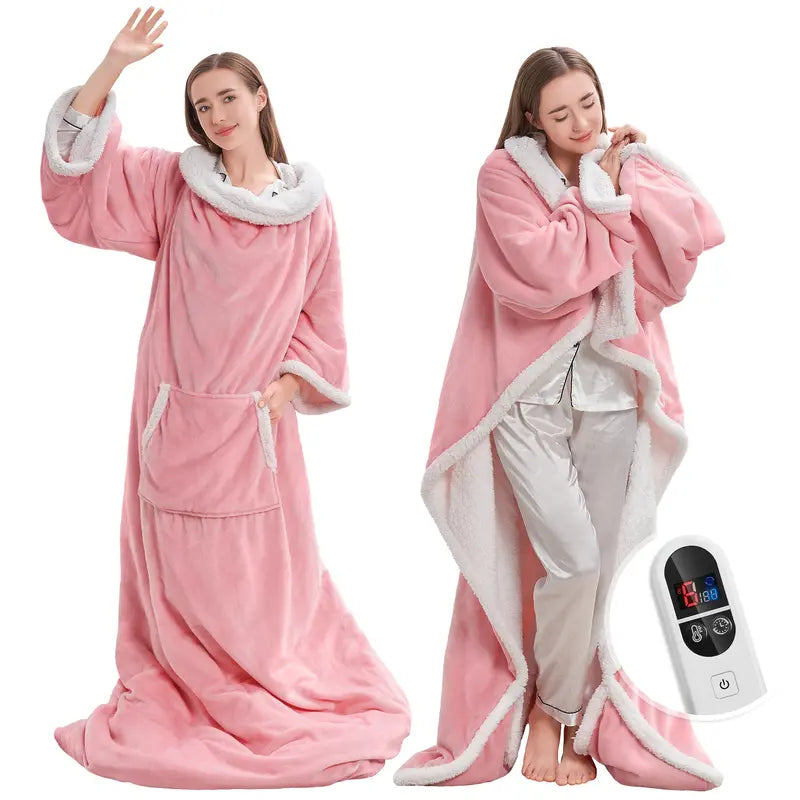 Pink wearable heated blanket with sleeves and controller, front and side view