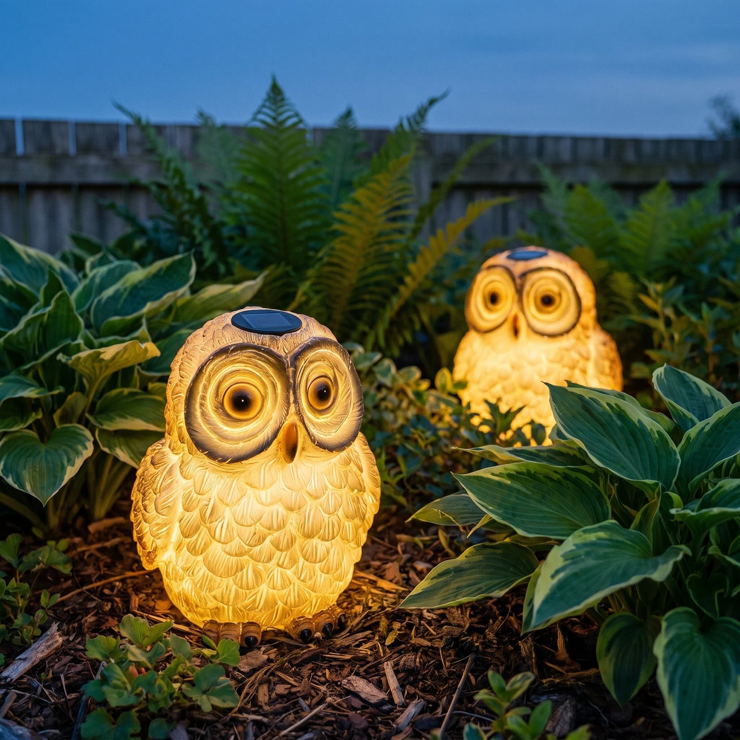 Solar owl light sitting in a planted garden bed in daylight