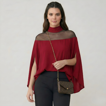 Mesh Yoke Batwing Sleeve Loose Fit Top For Women
