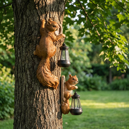 Solar squirrel lantern mounted on a garden fence in daylight