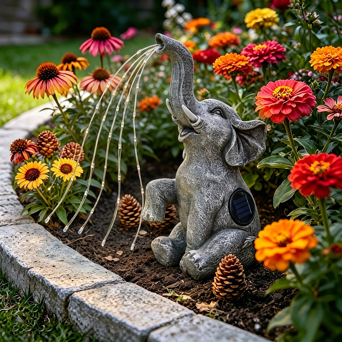 Solar elephant garden light in daylight on a garden paver
