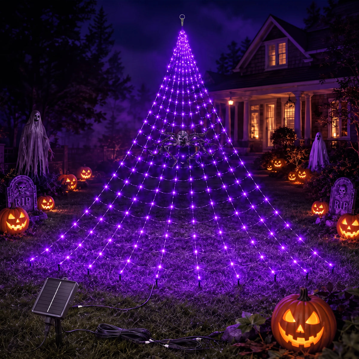 Purple solar spider web light lit on a lawn with the solar panel and cable visible in the foreground