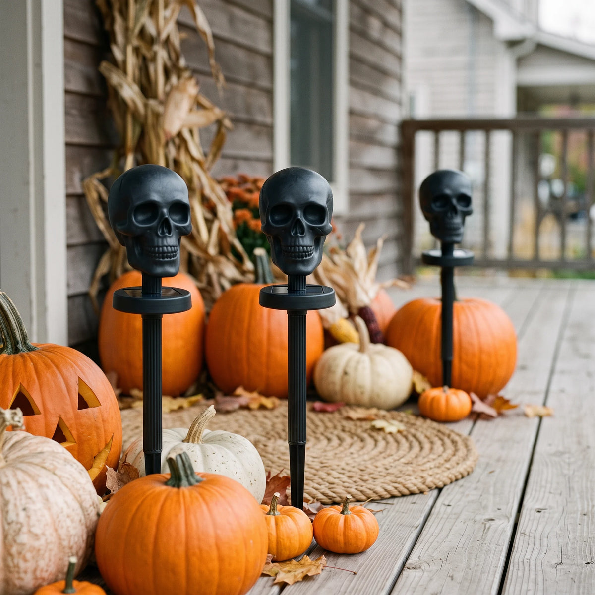 Solar skull torch lights beside a decorated porch with pumpkins