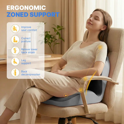 Woman sitting at a desk using the ergonomic memory foam seat cushion on an office chair