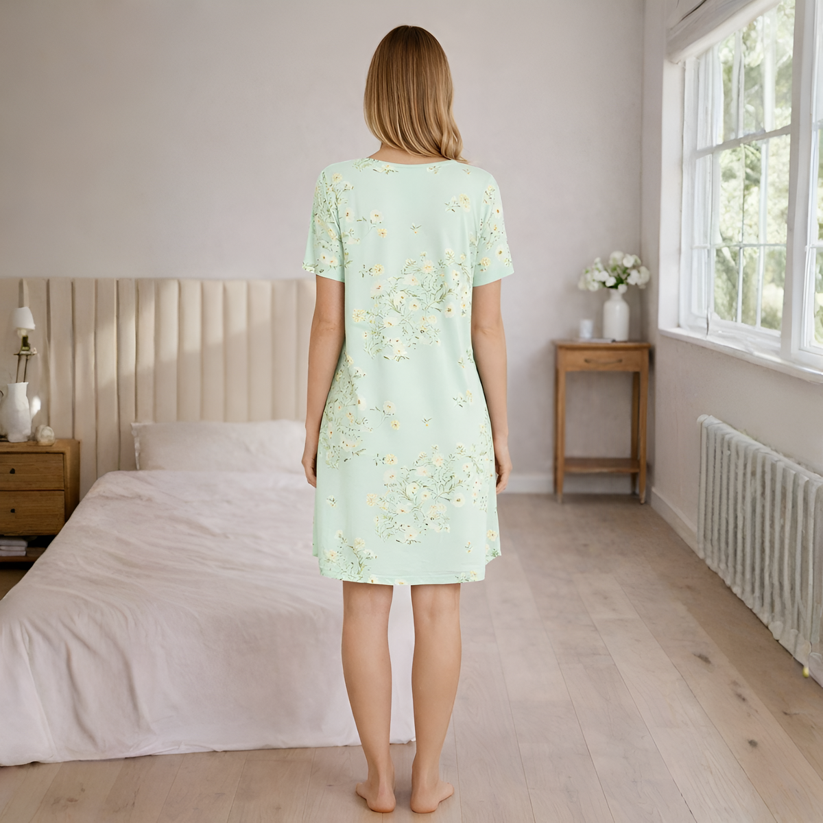 Short Sleeve Pleated Floral Nightgown For Women