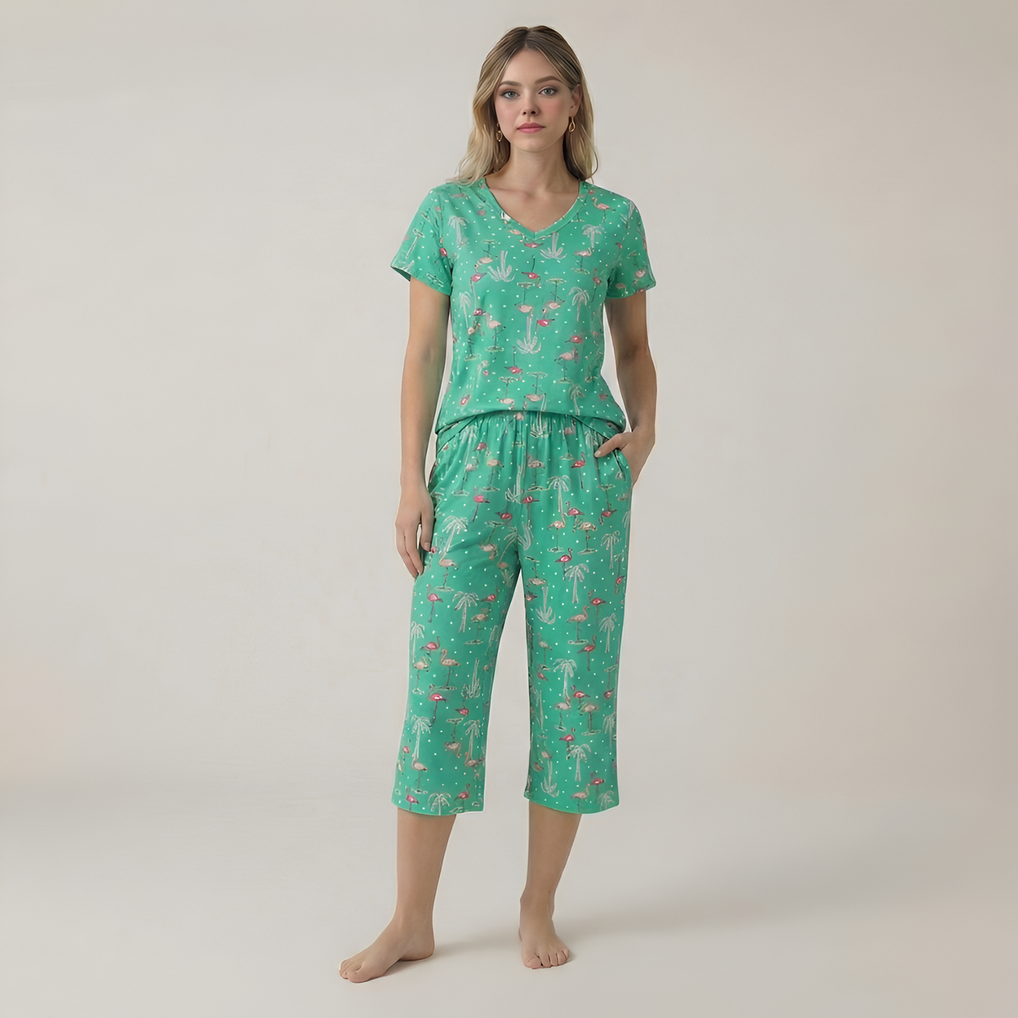 Short Sleeve Printed Capri Pajama Set For Women