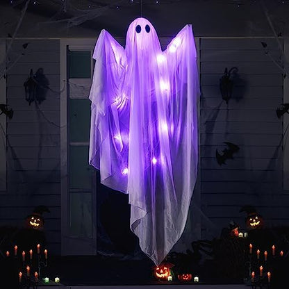 JOYIN Halloween Hanging Light up Ghost, 47" White Ghosts with Purple LED Light and Timer Halloween Hanging Decoration Waterproof for Front Yard Patio LawnGarden Party Decor Indoor Outdoor