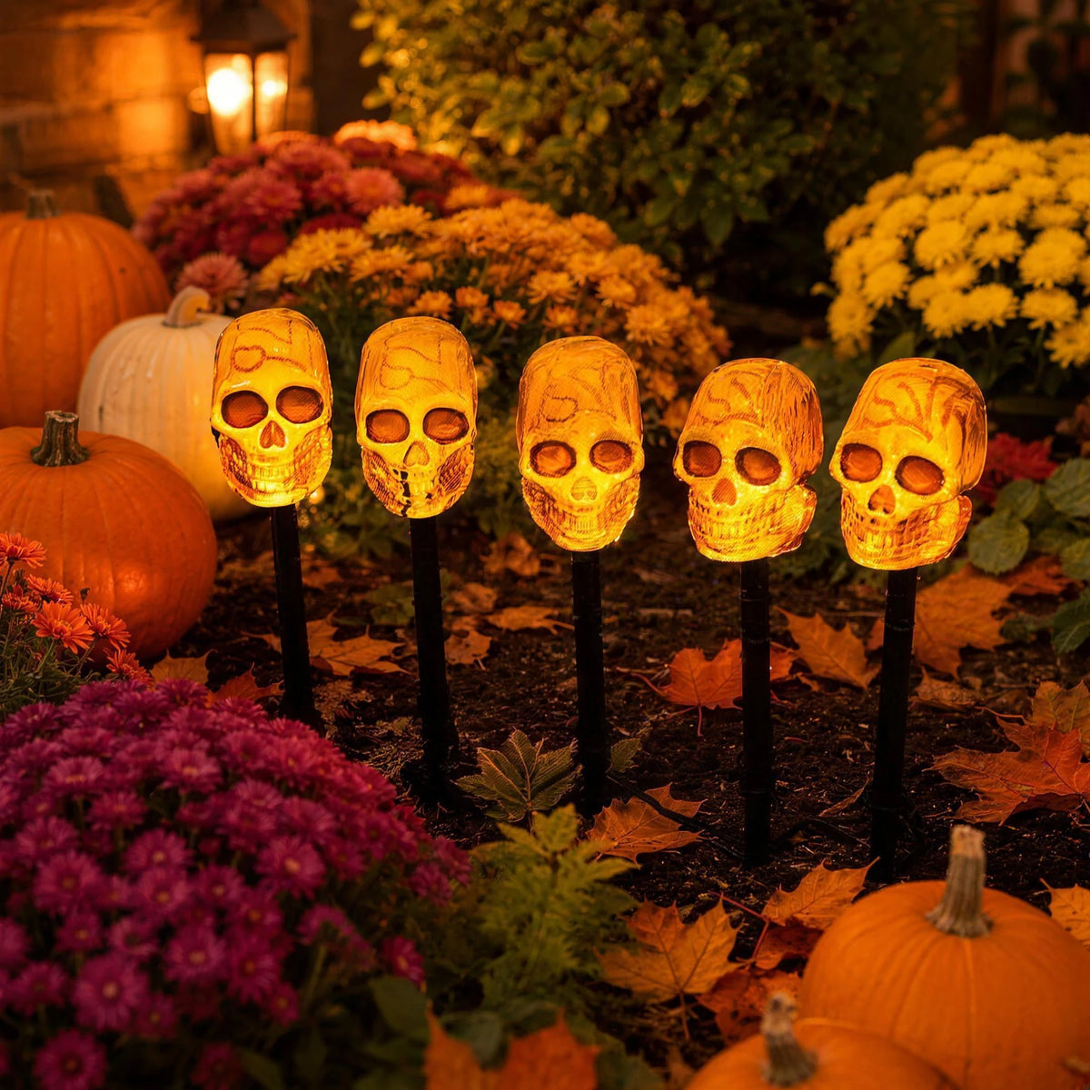 Close view of five lit skull stakes among autumn flowers and fallen leaves, glowing warm orange