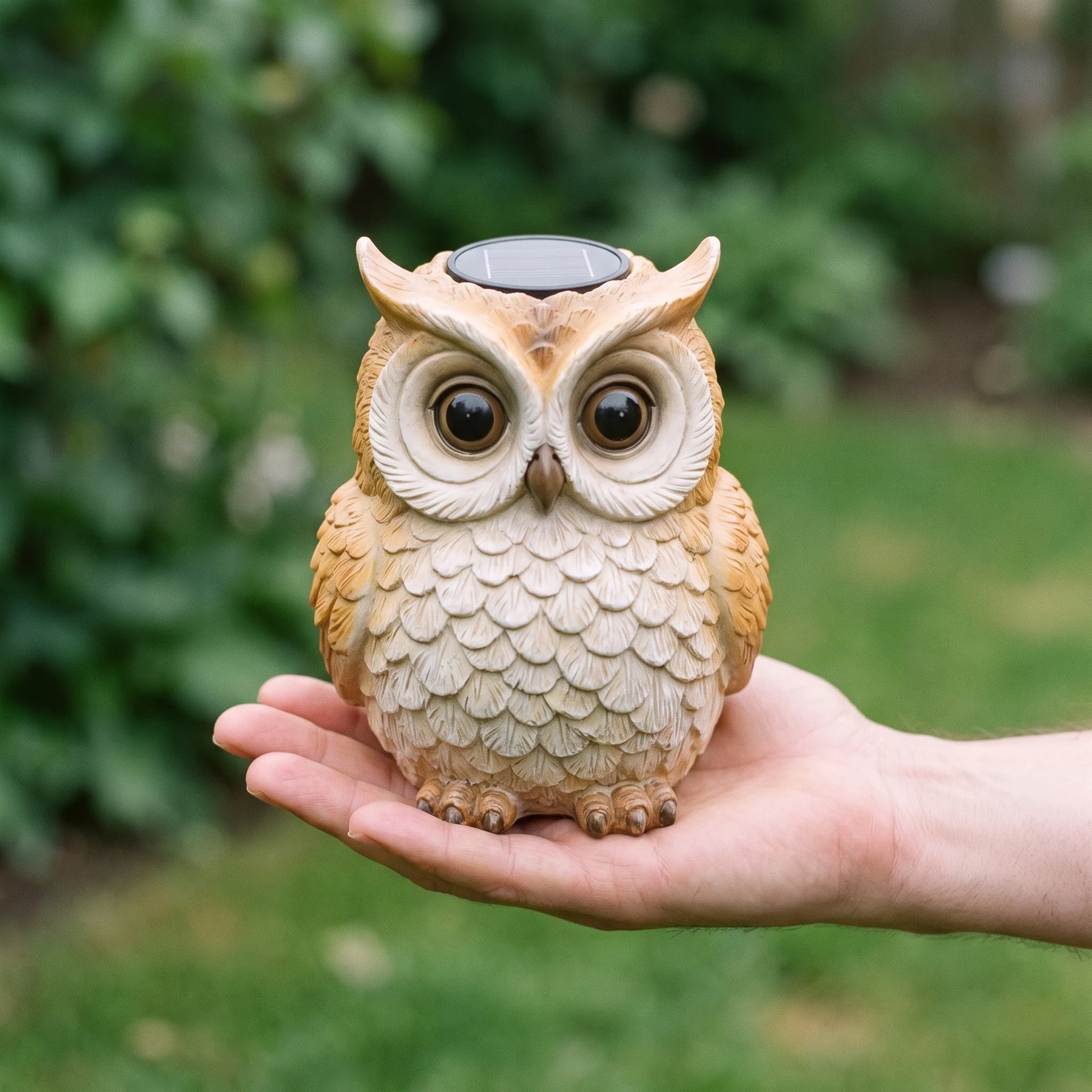 Hand holding the solar owl light to show its true size