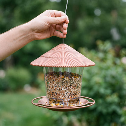 Feeder shown in scale in a garden