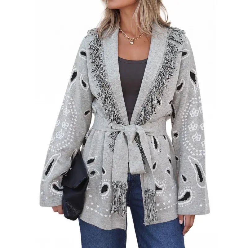 Cicy Bell sohochic Womens Cardigan Sweater Long Sleeve Fringe V Neck Printed Open Front Boho Patchwork Bleted Knit Coats