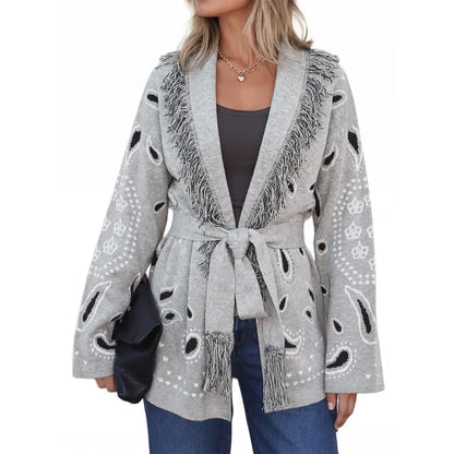 Cicy Bell sohochic Womens Cardigan Sweater Long Sleeve Fringe V Neck Printed Open Front Boho Patchwork Bleted Knit Coats