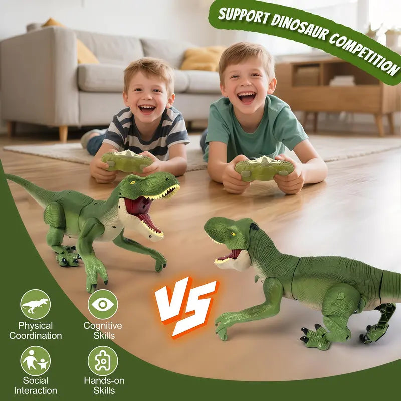 Two children lying on a living room floor holding remote controllers while two green dinosaur toys face each other