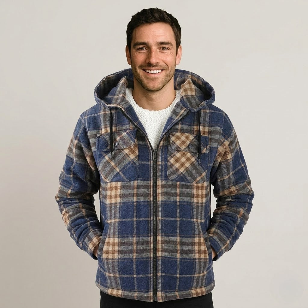Sherpa Lined Plaid Flannel Zip Hoodie Jacket