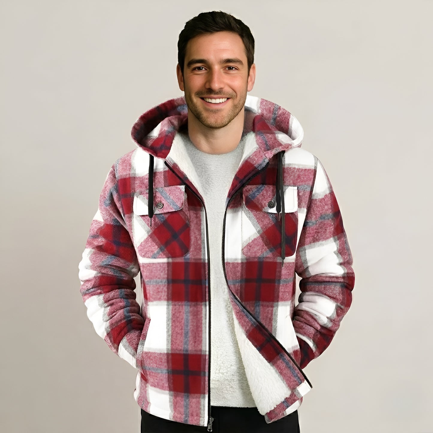 Sherpa Lined Plaid Flannel Zip Hoodie Jacket