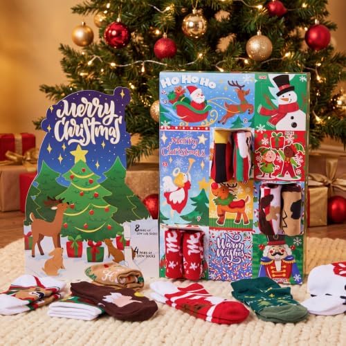 JOYIN 2026 Christmas Advent Calendar, 12 Days Christmas Warm Cotton Socks for Women Adults, Xmas Countdown Calendar with 8 Low Cut & 4 Knee High Socks, Xmas Party Favor Gifts