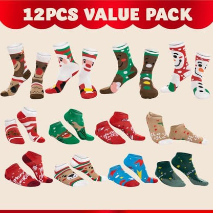 JOYIN 2026 Christmas Advent Calendar, 12 Days Christmas Warm Cotton Socks for Women Adults, Xmas Countdown Calendar with 8 Low Cut & 4 Knee High Socks, Xmas Party Favor Gifts