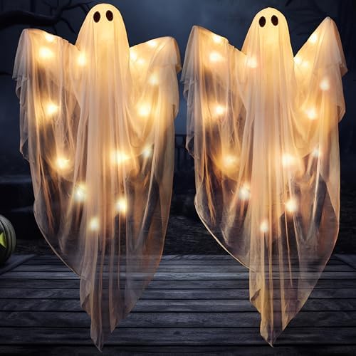 JOYIN Halloween Hanging Light up Ghost, 47" White Ghosts with Purple LED Light and Timer Halloween Hanging Decoration Waterproof for Front Yard Patio LawnGarden Party Decor Indoor Outdoor
