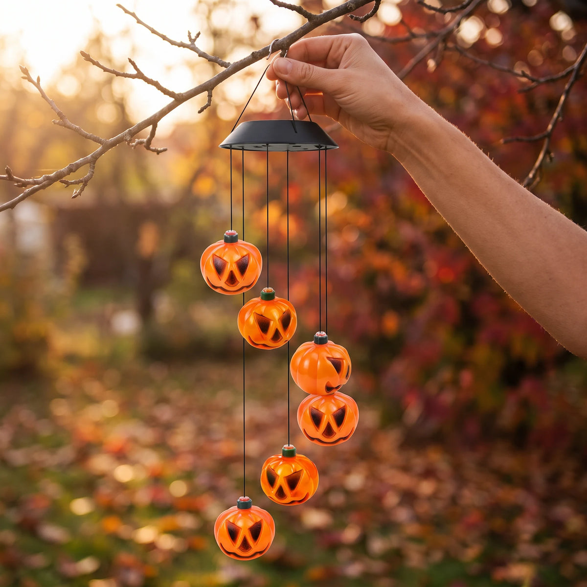 Hand hanging the solar pumpkin wind chime from a tree branch, showing its size against autumn foliage