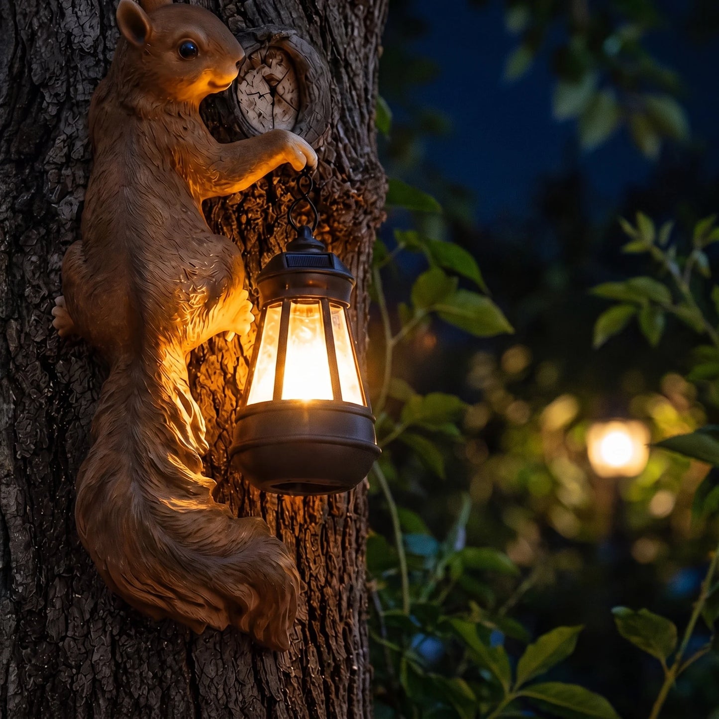 Close-up of the solar squirrel lantern glowing at night
