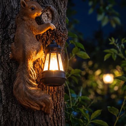 Close-up of the solar squirrel lantern glowing at night