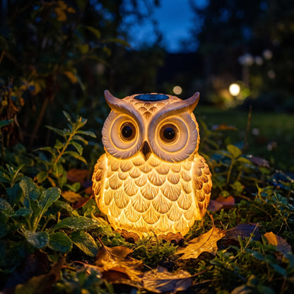 Close-up of the solar owl light glowing at night