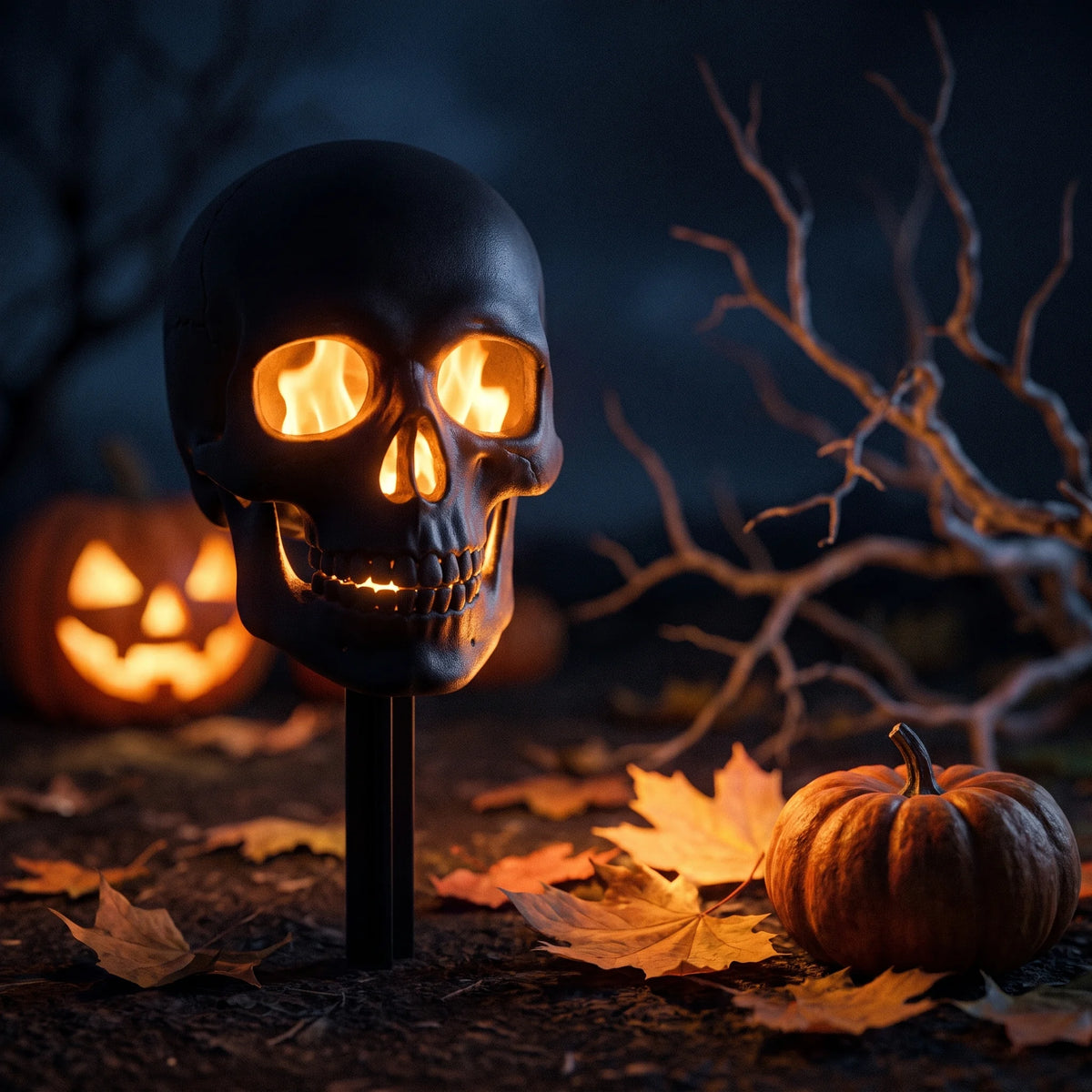 Close-up of the flame effect flickering inside the solar skull torch at night