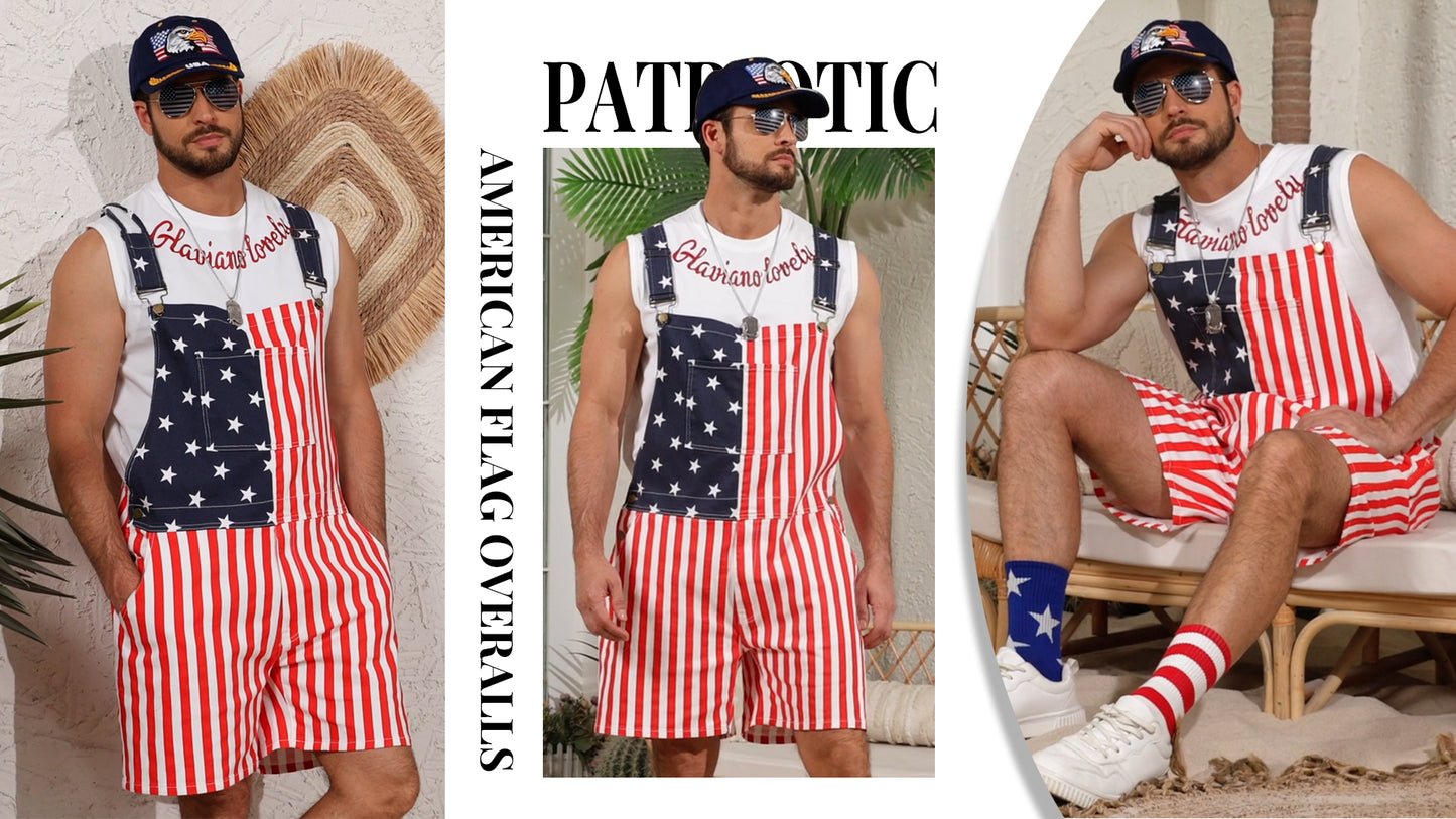 250th Anniversary American Flag Overalls Denim Bib Jumpsuit Shorts Jean Romper for Men(Red White Blue,2XL)