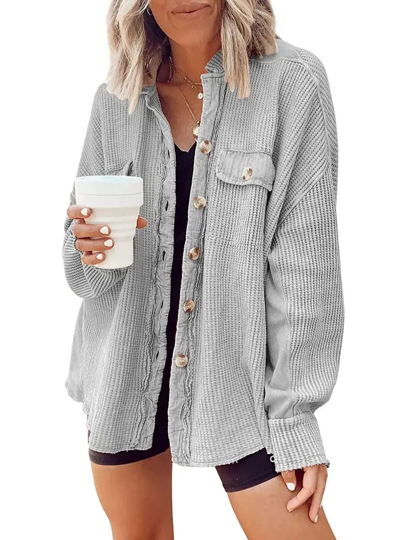 Ebossy Women's Basic Button-Front Long Batwing Sleeve Splicing Cardigan - Lightweight Waffle Textured Boyfriend Shacket, Women's Outerwear Clothes