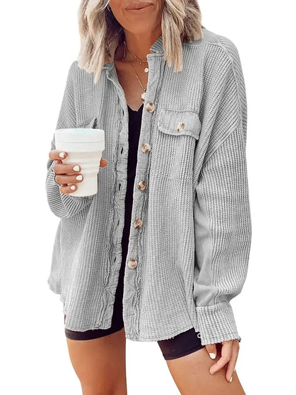 Ebossy Women's Basic Button-Front Long Batwing Sleeve Splicing Cardigan - Lightweight Waffle Textured Boyfriend Shacket, Women's Outerwear Clothes