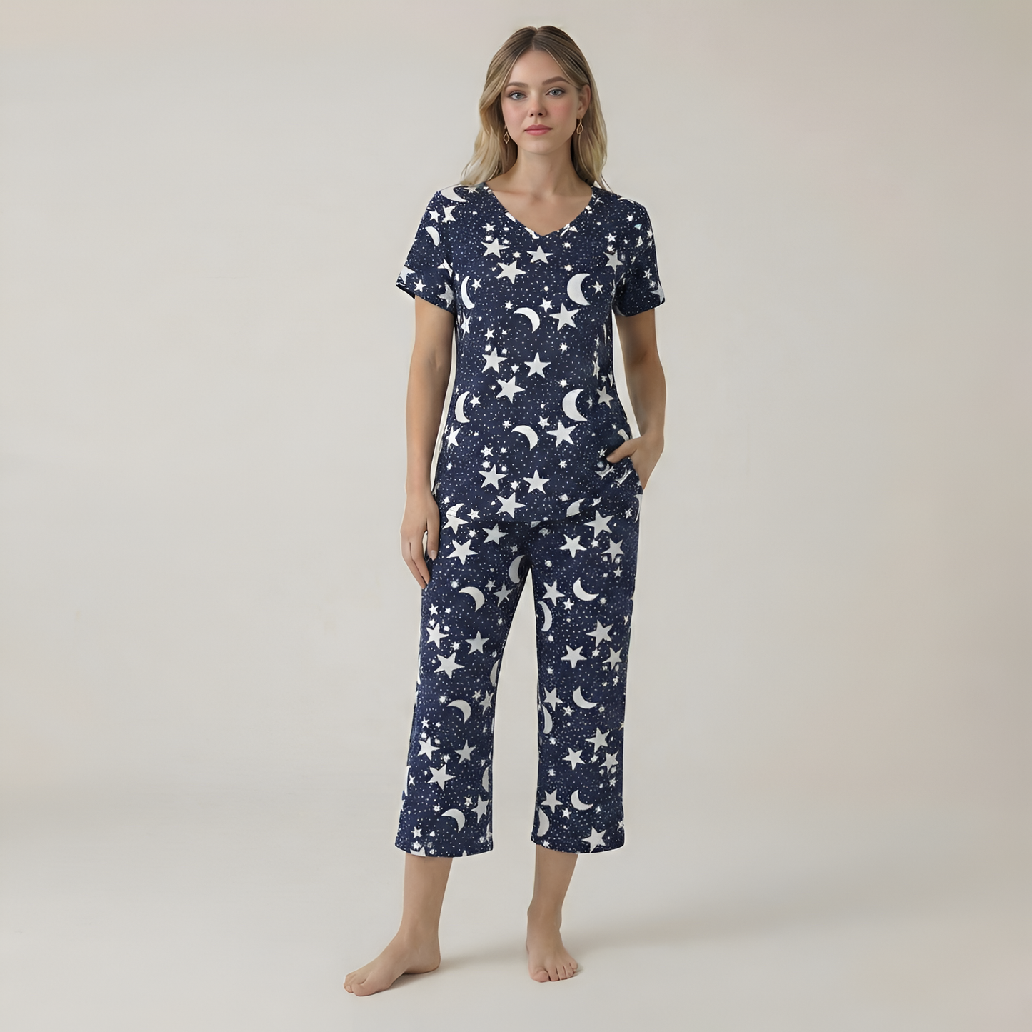 Short Sleeve Printed Capri Pajama Set For Women